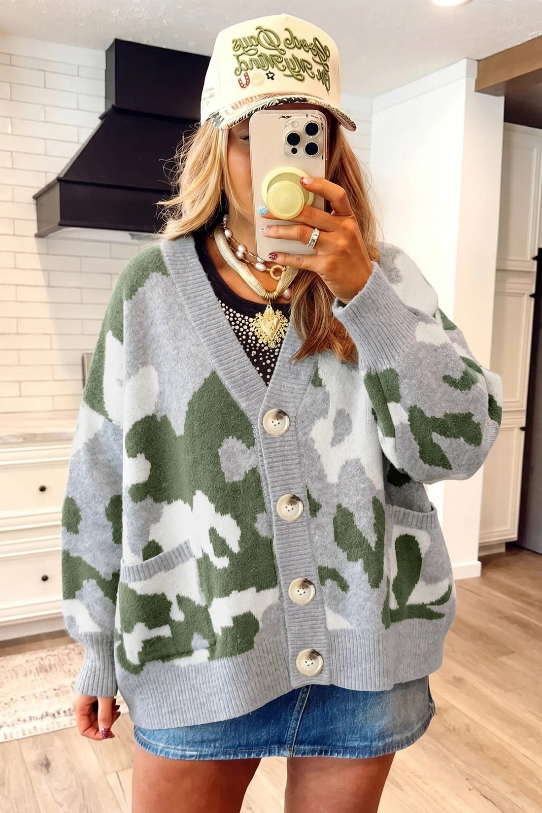 Camouflage Drop Shoulder V Neck Button Front Cardigan – Green