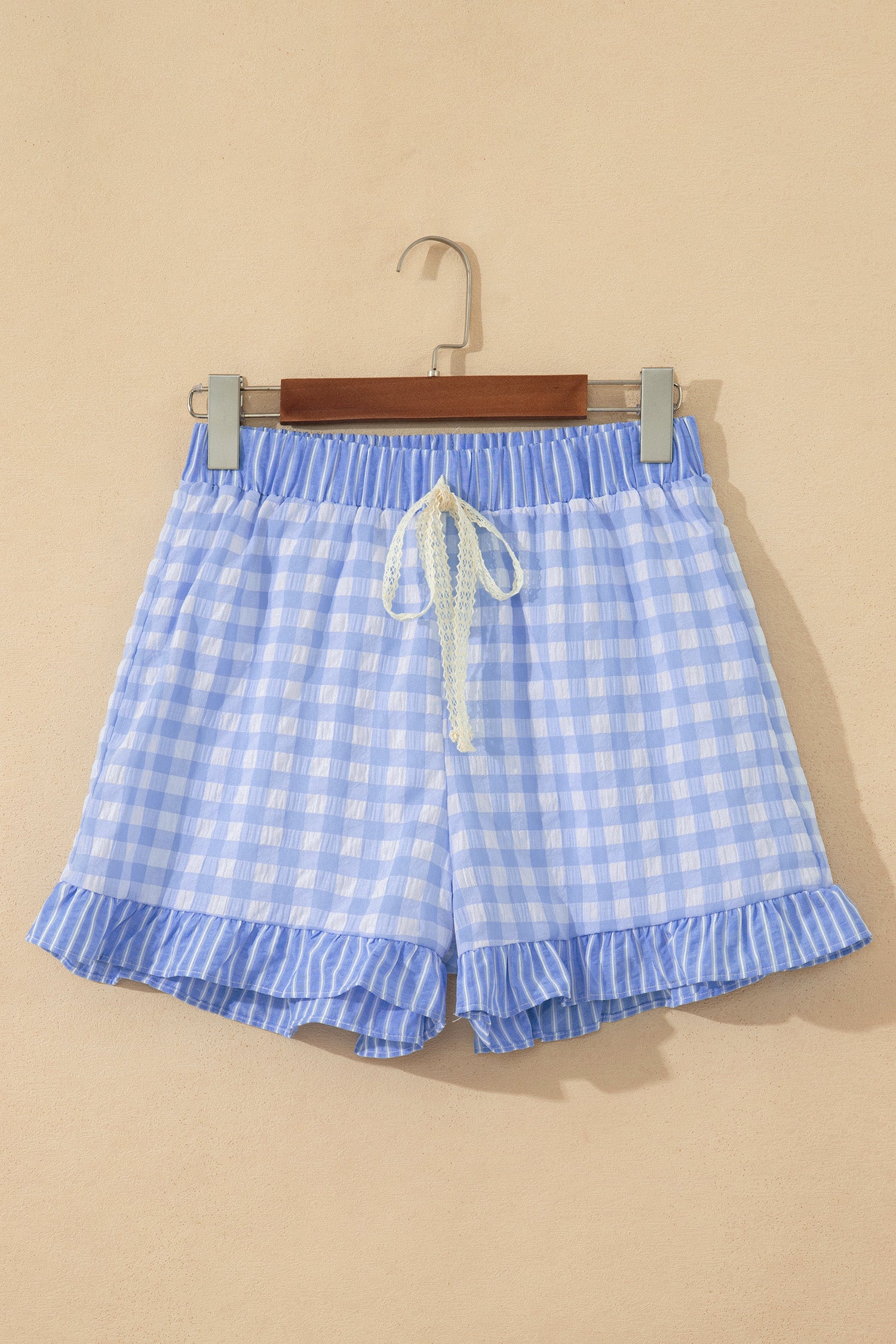 Gingham Ruffle Shorts with Lace Tie Waist
