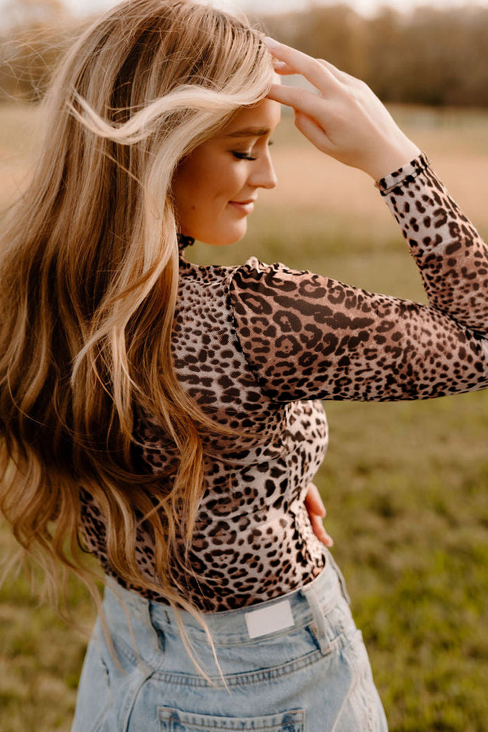 Brown Leopard Smocked Neck Mesh Long Sleeve Bodysuit eAura