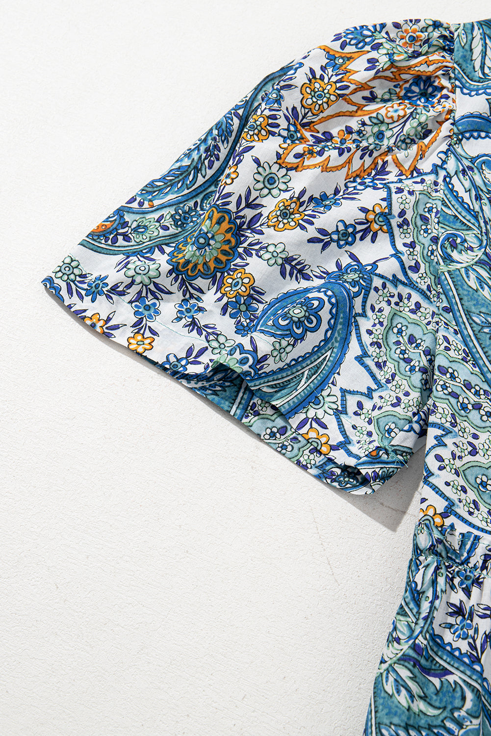 Blue Bohemian Paisley Floral V Neck Short Sleeve Mini Dress eAura
