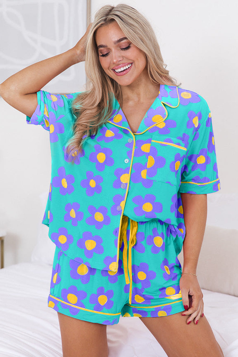 Green Flower Print Short Sleeve Shirt Pyjamas Set eAura