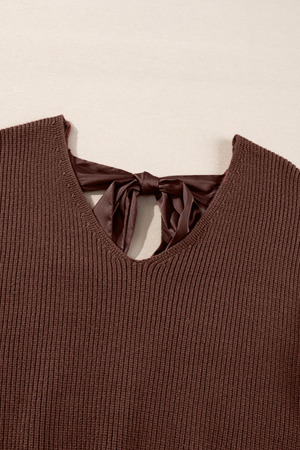 Coffee Lantern Sleeve V Neck Knot Back Sweater eAura