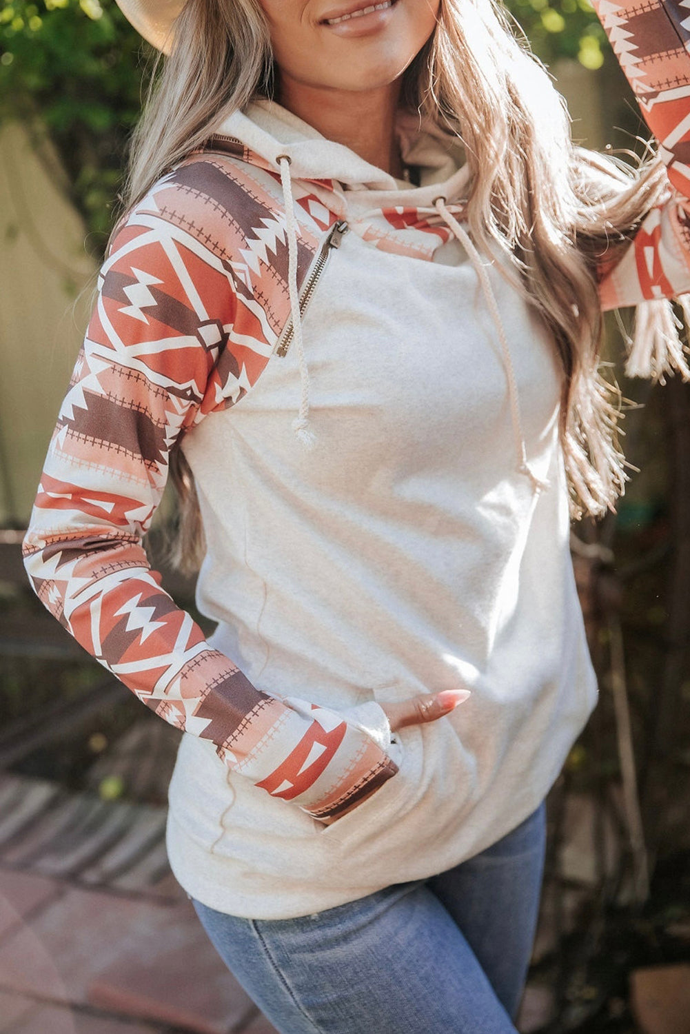 Western Aztec Print Patchwork Double Hood Hoodie eAura