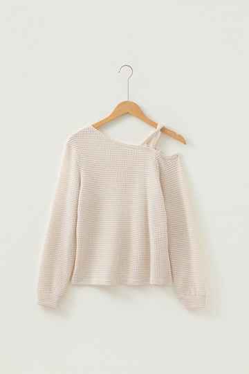 Textured Knit Asymmetric Shoulder Long Sleeve Top