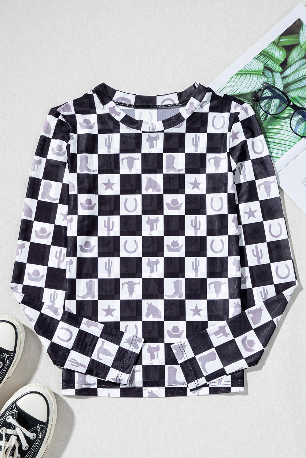 Black Checkerboard Western Elements Printed Mesh Long Sleeve Top eAura