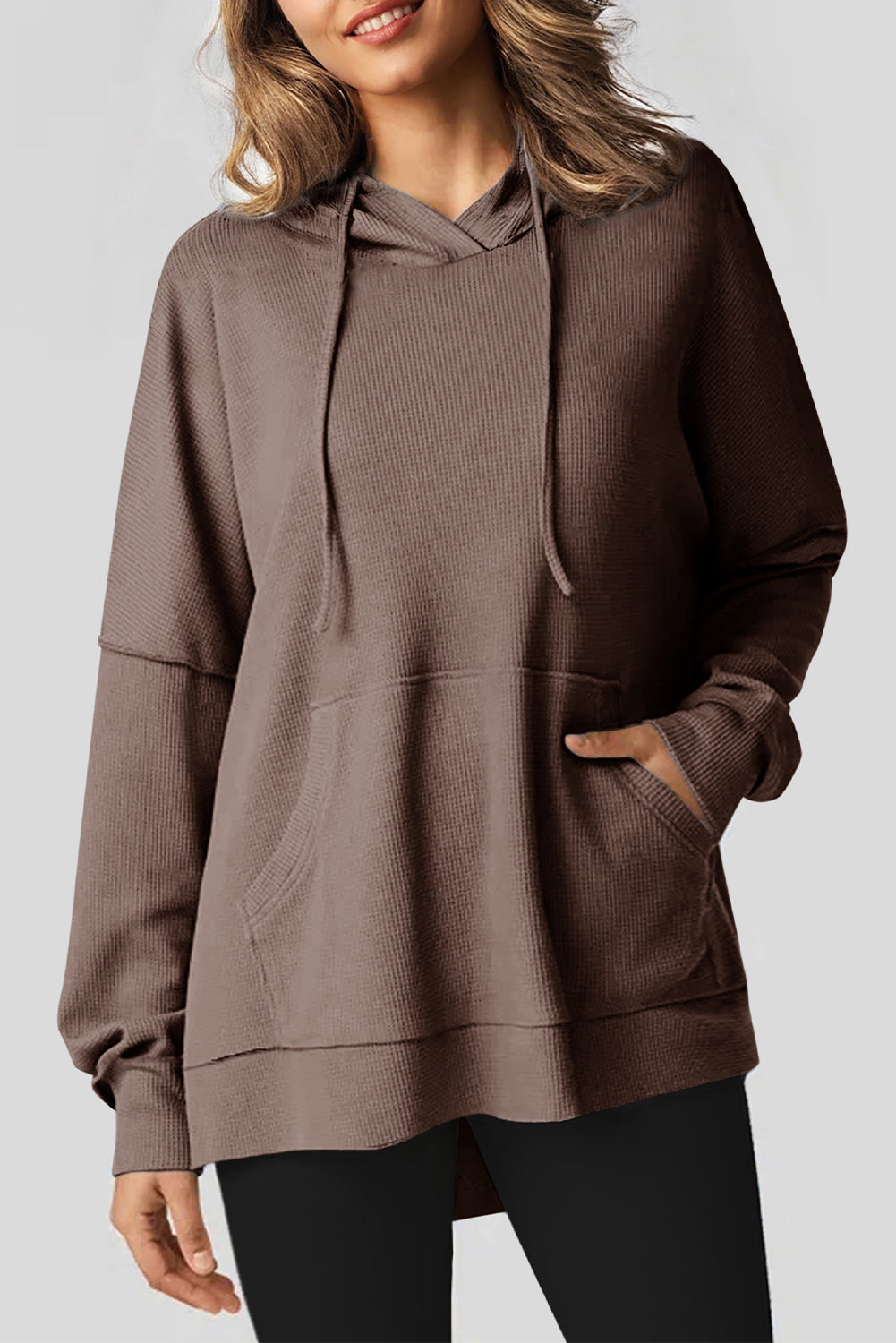Light Pink Waffle Knit Fleece Lined High Low Oversized Hoodie eAura