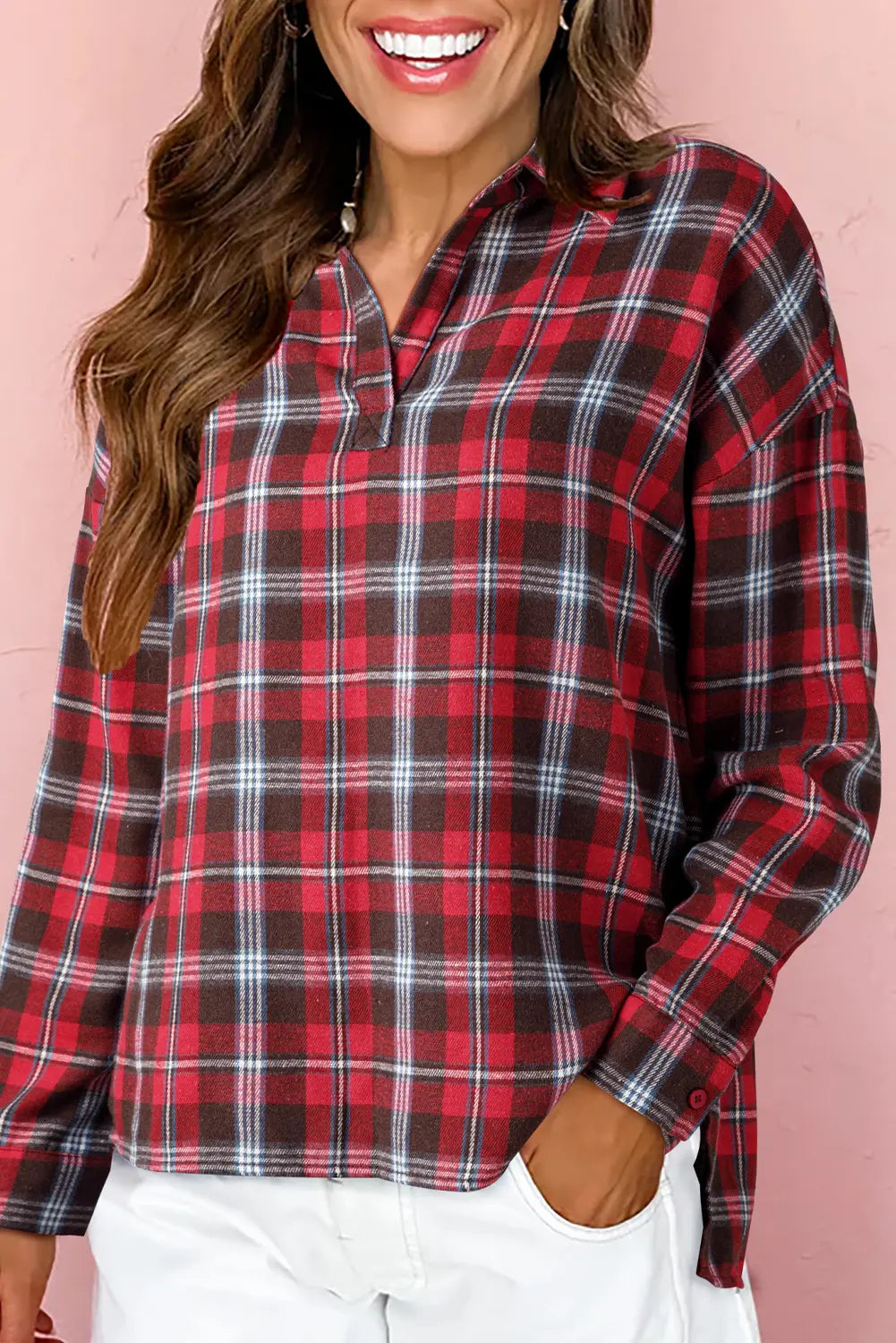 Red Plaid Print Collared V-Neck Oversized Blouse with Side Slits - S - Tops/Blouses & Shirts