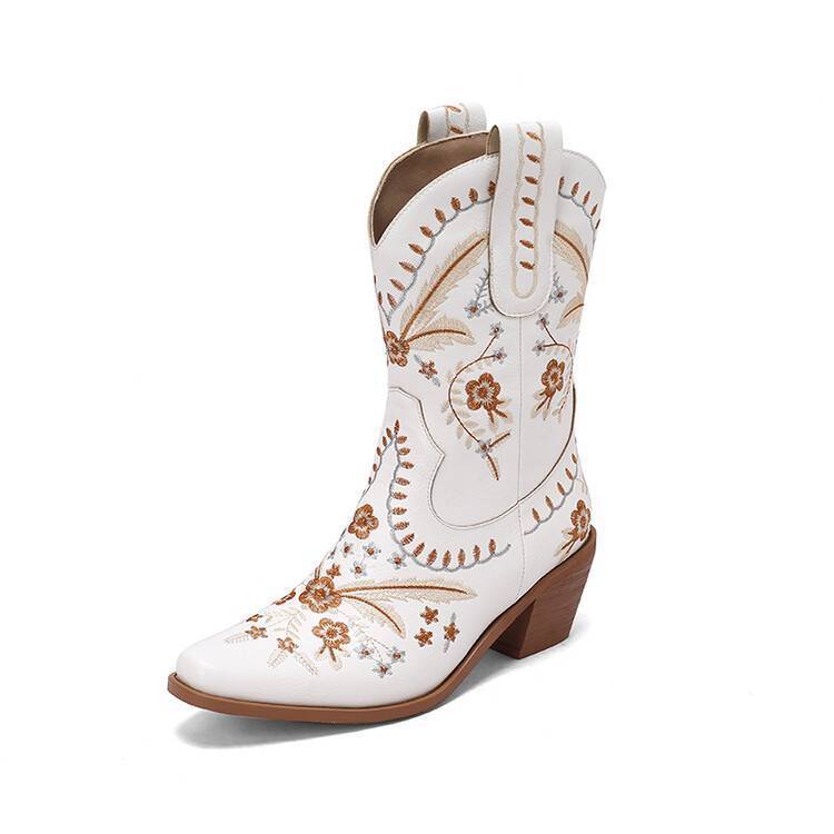 Chunky Heel Embroidery Knee-high Cowboy Boots - eAura