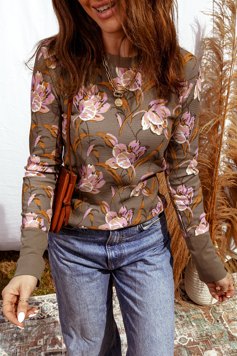 Brown Floral Print Waffle Textured Long Sleeve Top - eAura