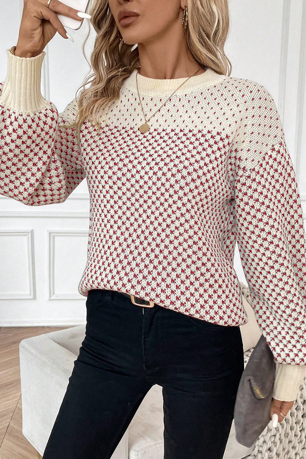 Contrast Colour Pattern Lantern Sleeve Sweater eAura