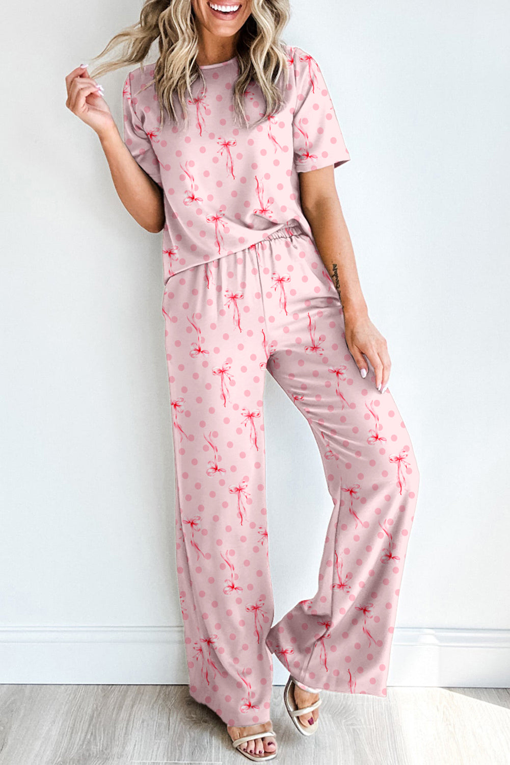 Pink Bow Knot Polka Dot Print Short Sleeve Top Lounge Set eAura
