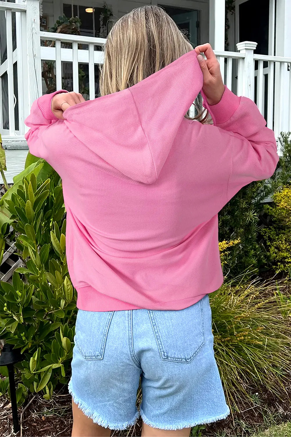 Solid Colour Ribbed Zip Up Drawstring Hooded Jacket – Sachet Pink