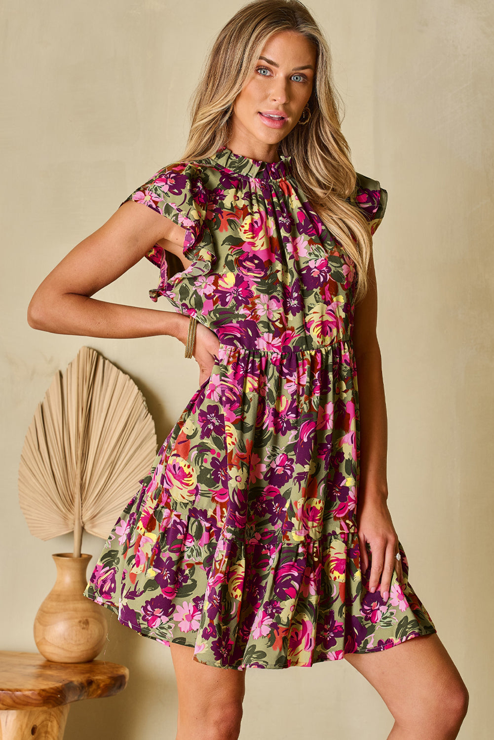 Green Floral Print Ruched Flutter Sleeve Frilled Neck Mini Dress BB Fashion Outlet