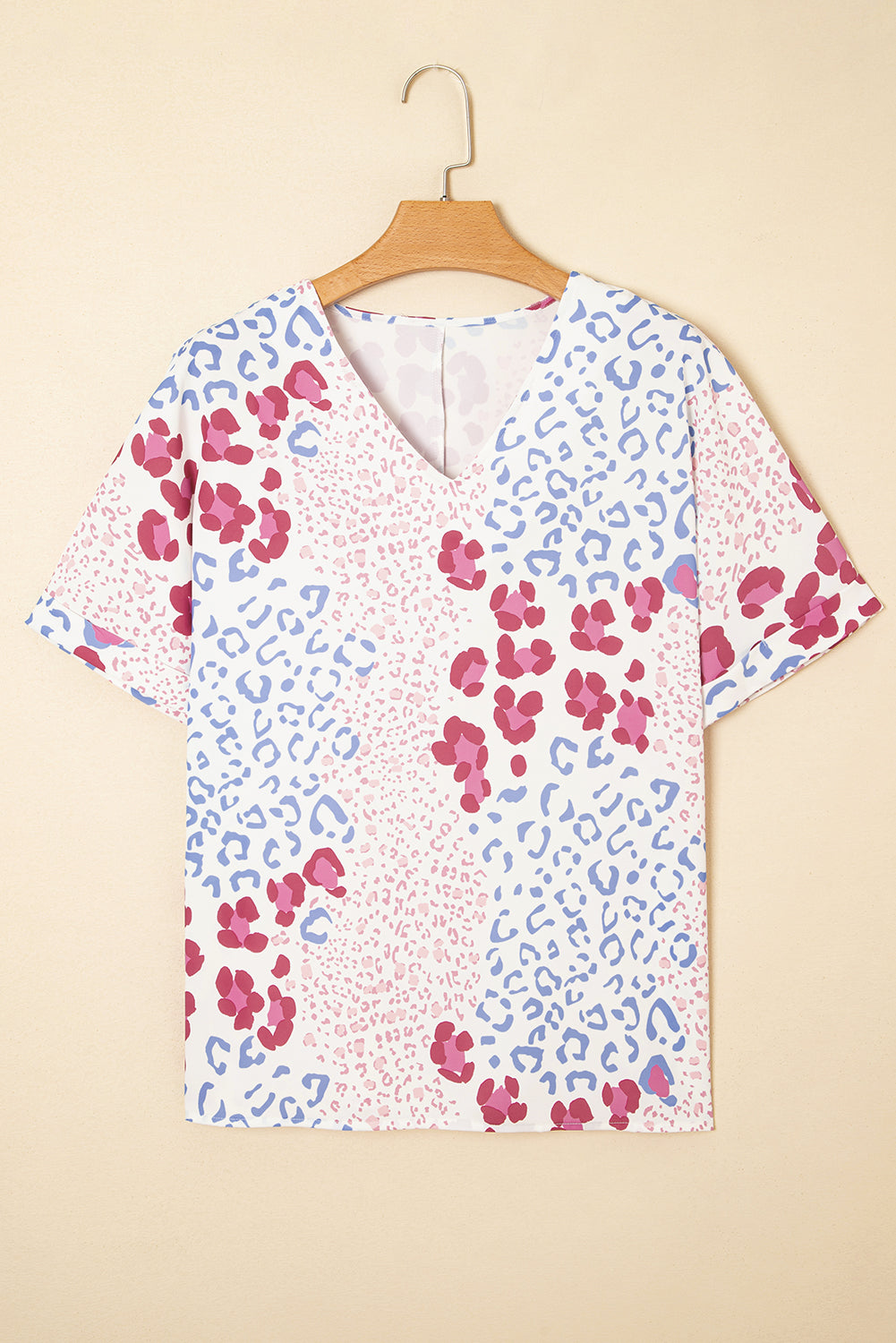 Mixed Leopard Print V Neck Short Sleeve Blouse eAura