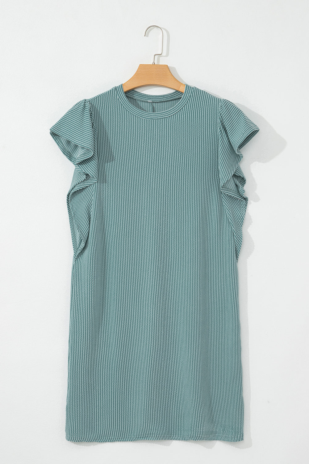 Canton Ribbed Ruffle Sleeve Crew Neck Shift Dress eAura