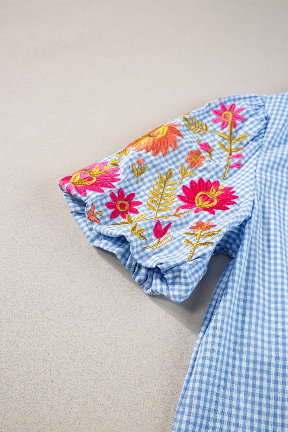 Light Blue Gingham Floral Embroidered Puff Sleeve Blouse eAura