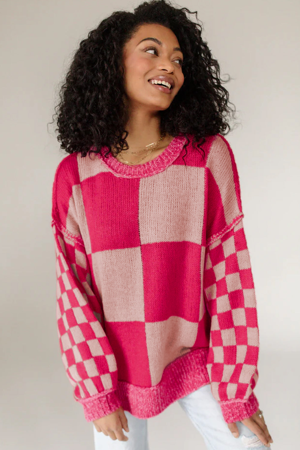 Rose Red Mixed Checkered Pattern Drop Shoulder Loose Sweater eAura