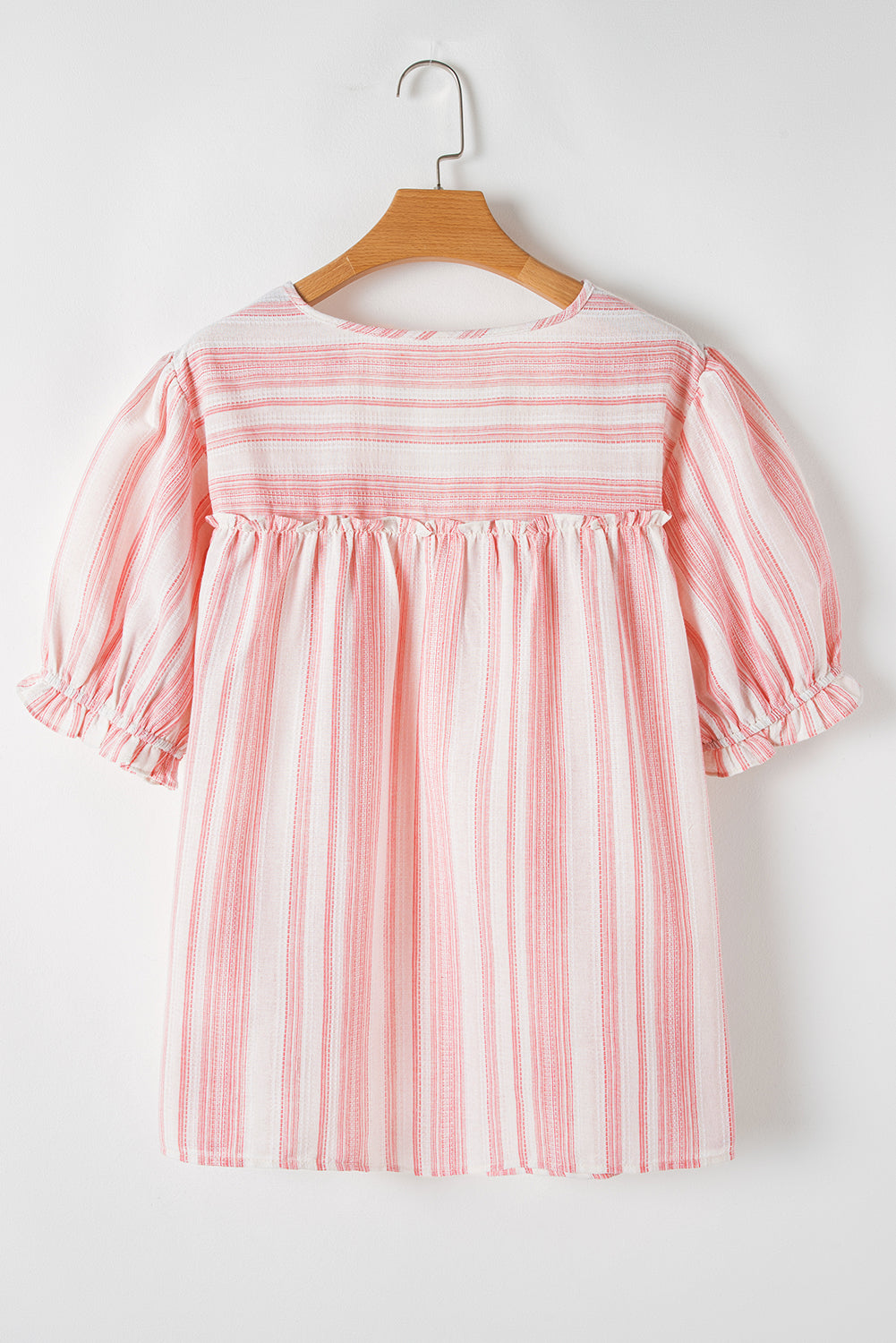 Pink Stripe Plus Size Tassel Tie Frilled Detail Short Sleeve Blouse BB Fashion Outlet