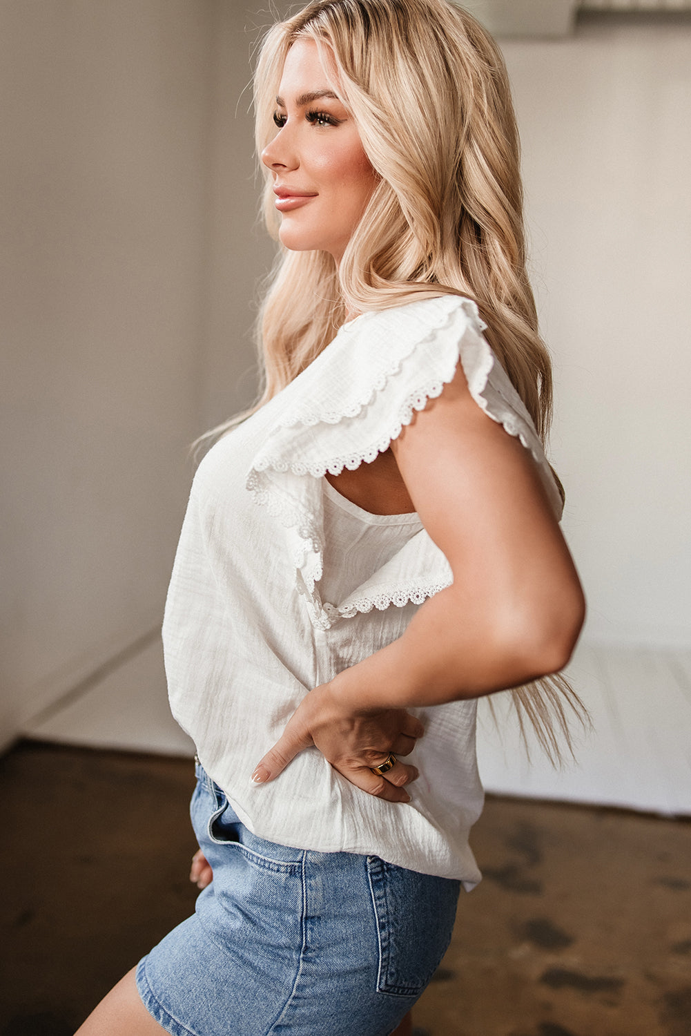 White Crinkled Layered Ruffled Flutter Sleeve Blouse eAura