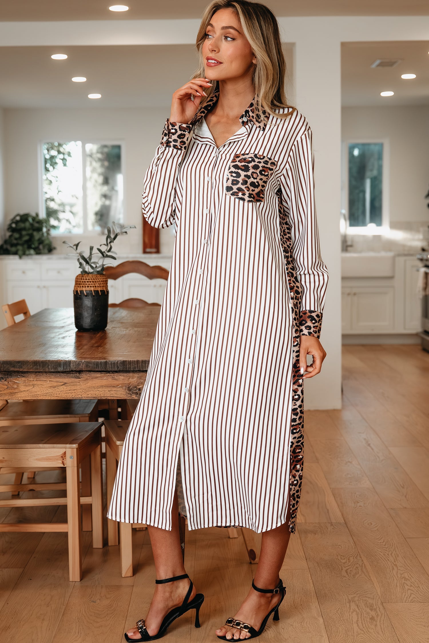 Stripe Contrast Leopard Patchwork Long Shirt Dress with Slits - Dresses/Maxi Dresses
