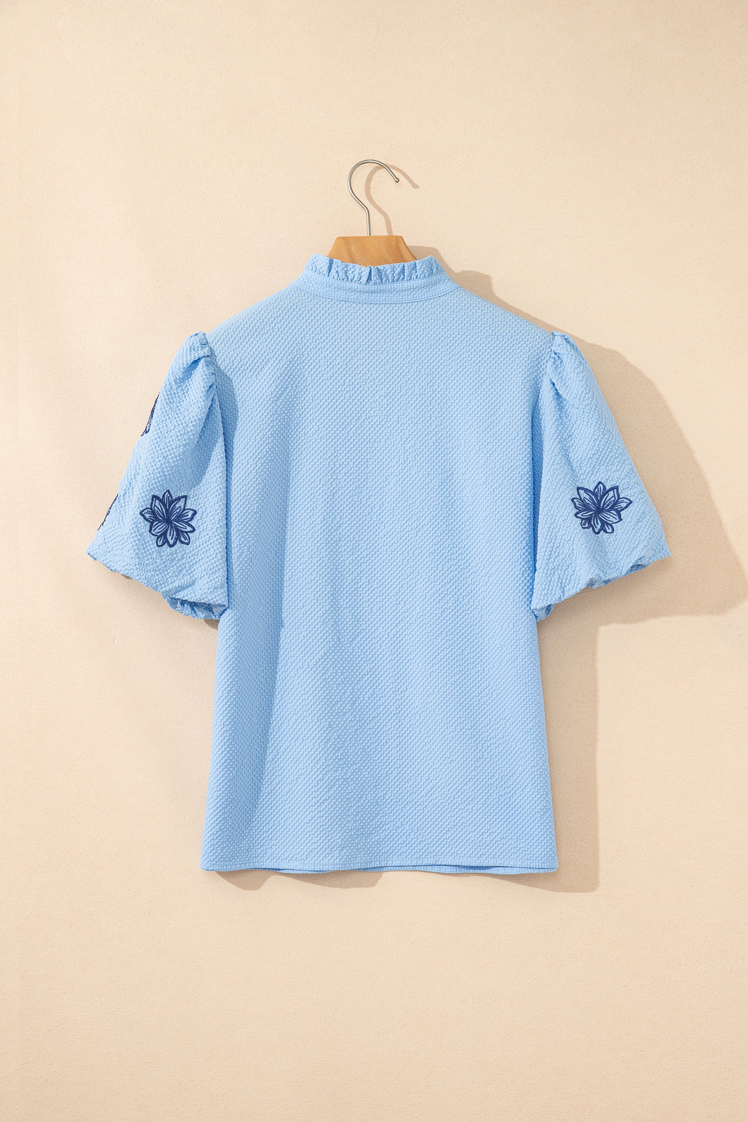 Floral Embroidered Puff Sleeve Split Neck Textured Blouse