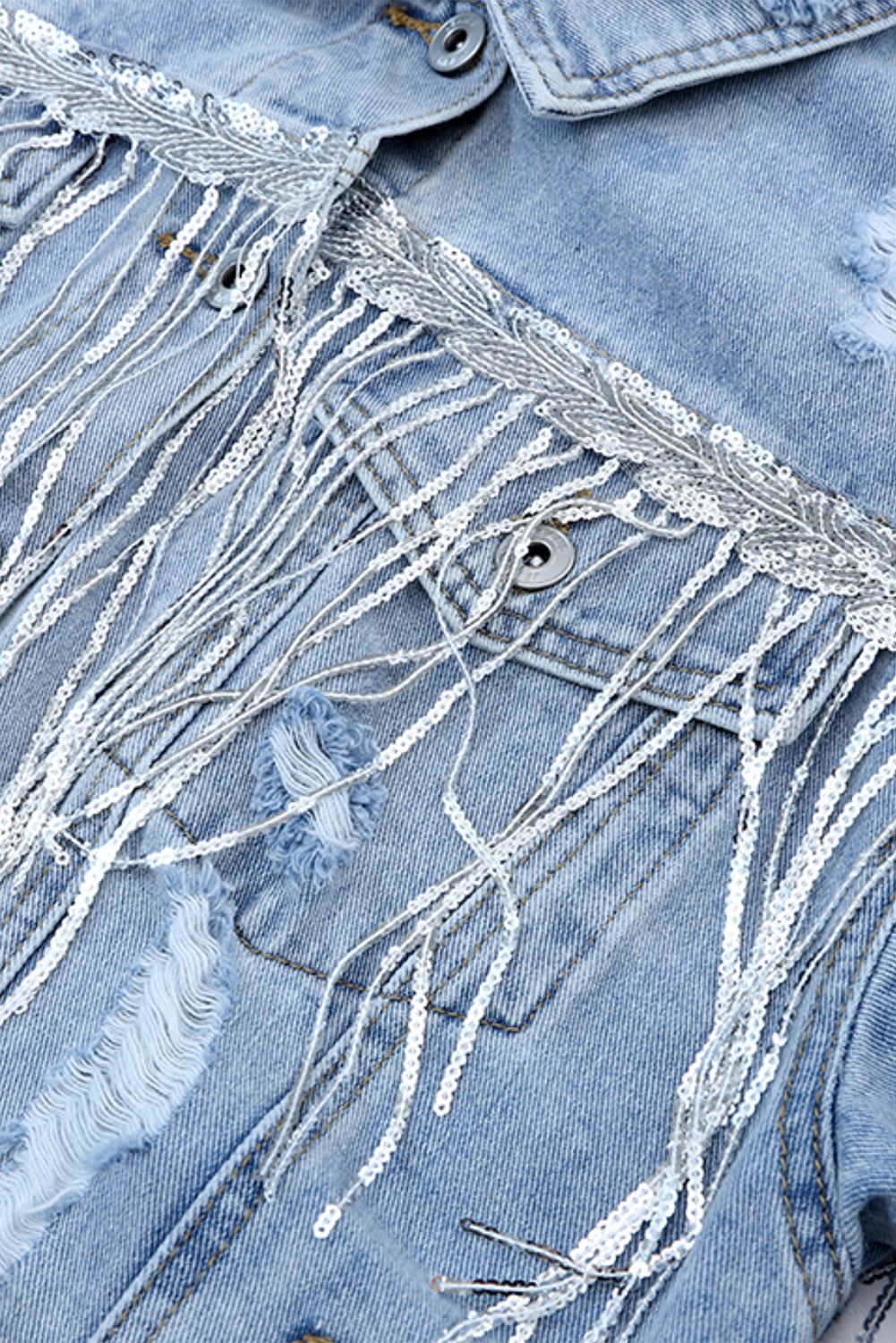 Sky Blue Sequin Embellished Fringe Distressed Denim Jacket Beagle Boutique Fashion Outlet