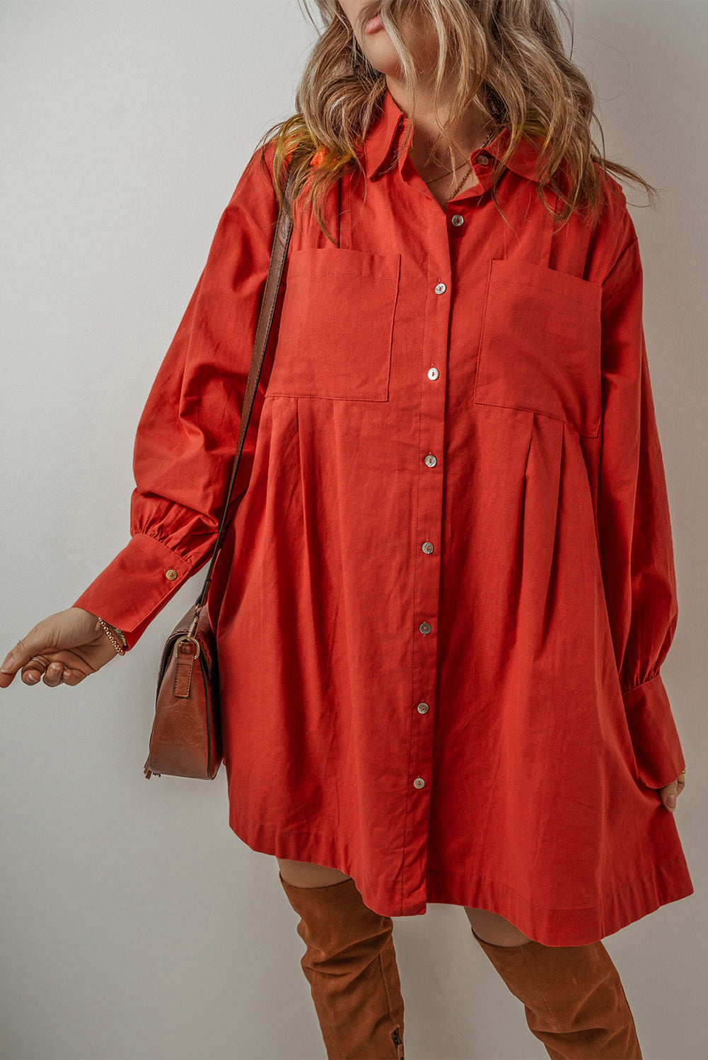Tomato Red Bishop Sleeve Button Up Pleated Mini Shirt Dress eAura
