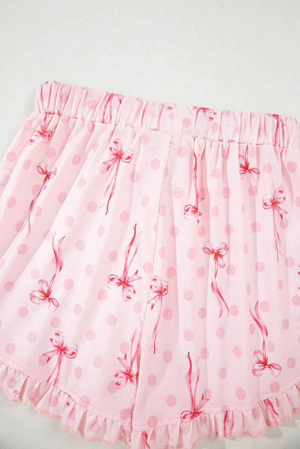 Pink Bow Print Contrast Pipping Short Pyjamas Set eAura