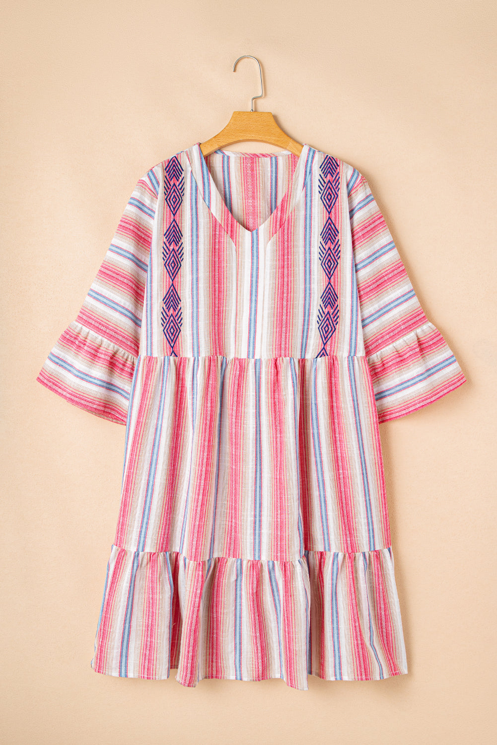 White Stripe Plus Size Embroidered Detail Flared 3/4 Sleeve V Neck Dress BB Fashion Outlet