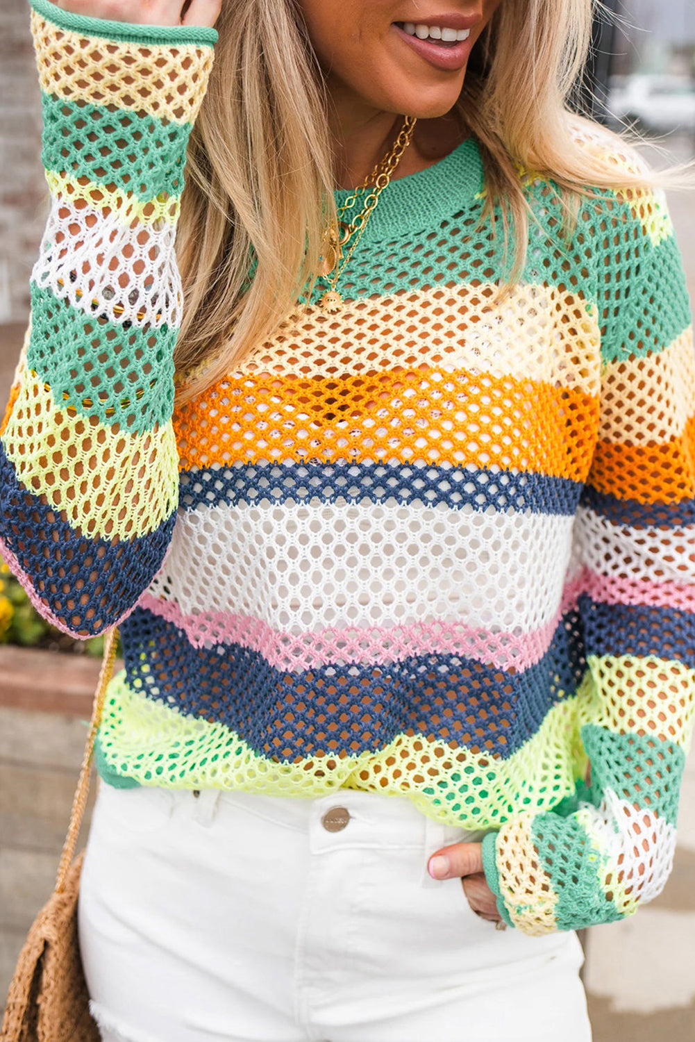 Rose Red Colourblock Patchwork Knit Crochet Eyelet Sweater eAura