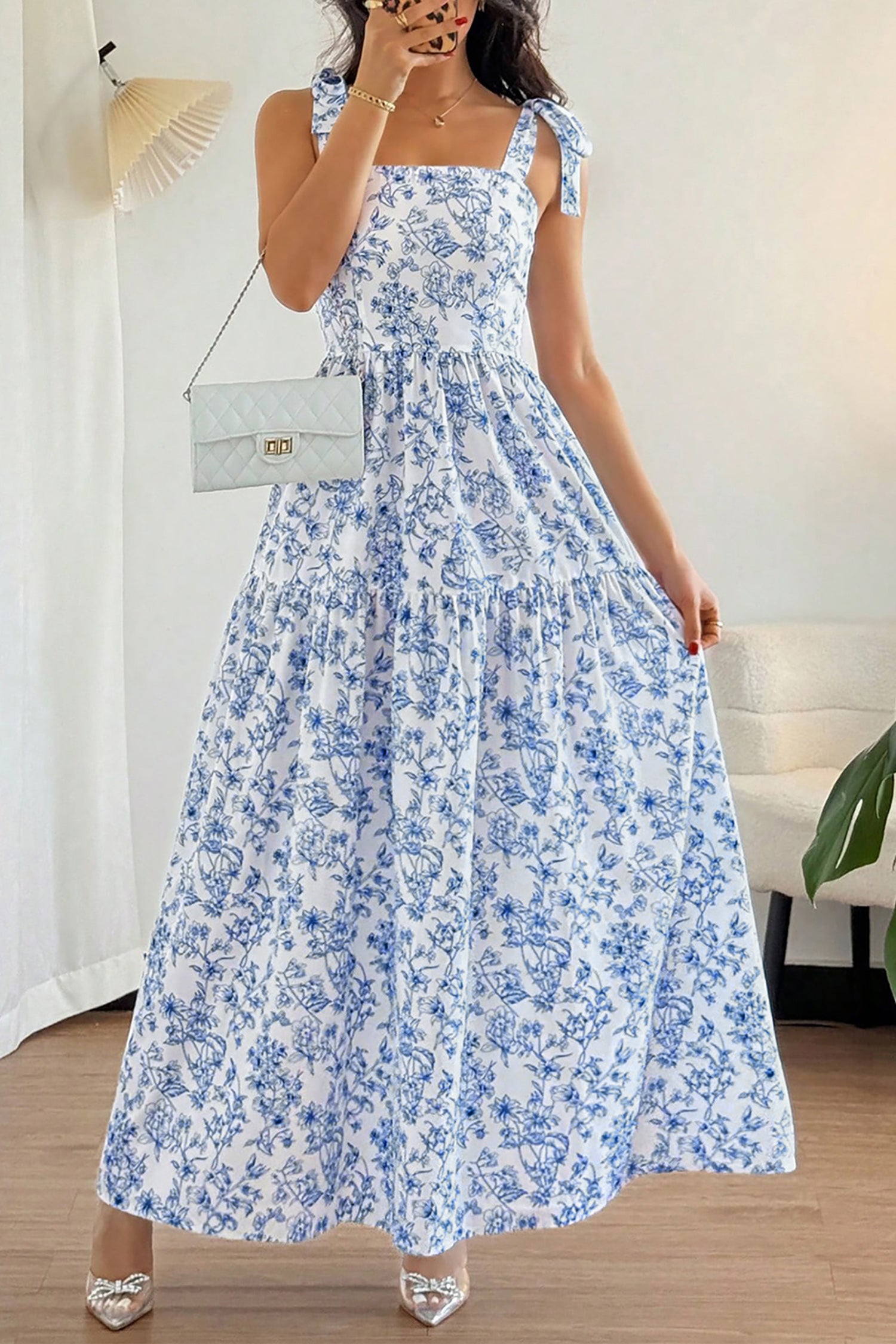 Sky Blue Floral Print Knot Strap Maxi Dress