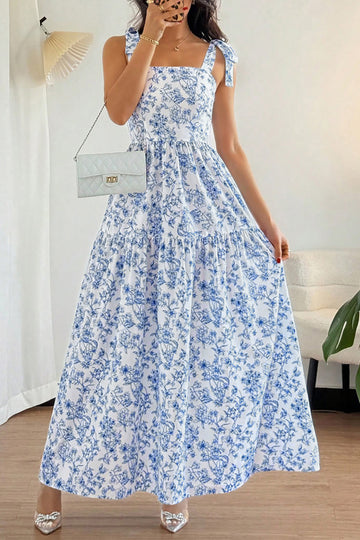 Sky Blue Floral Print Knot Strap Maxi Dress