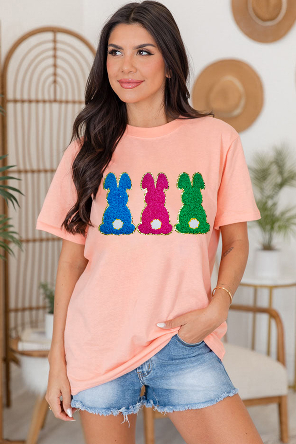 Pink Easter Bunny Chenille Patched Graphic Tee eAura