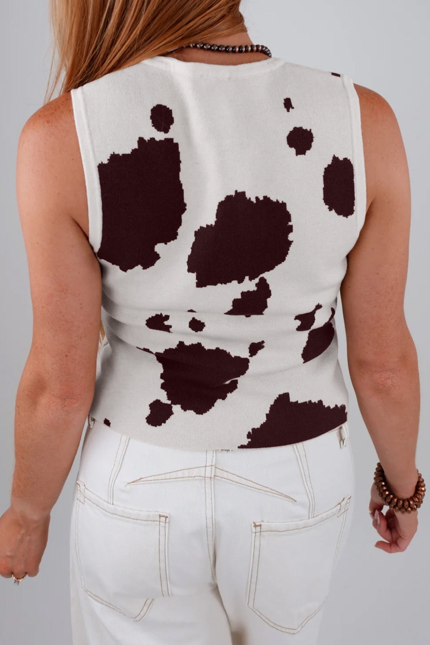 Western Cow Spots Button Down Sweater Vest – White