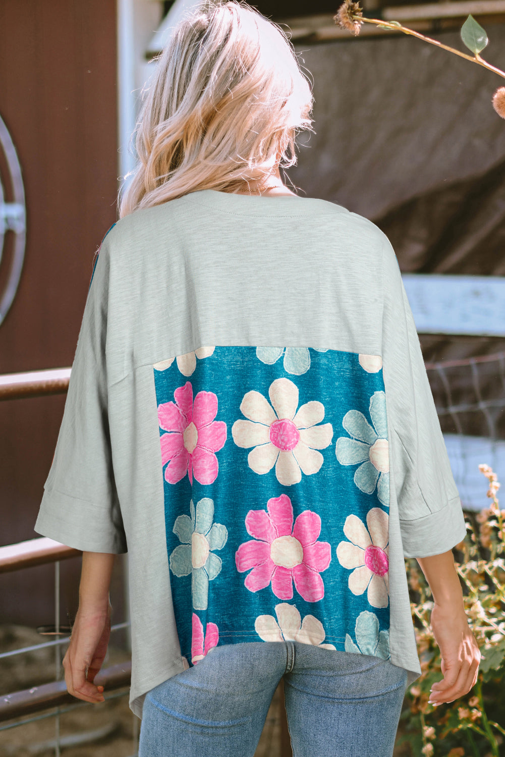 Pink Flower Patchwork Exposed Seam Oversized High Low Top eAura