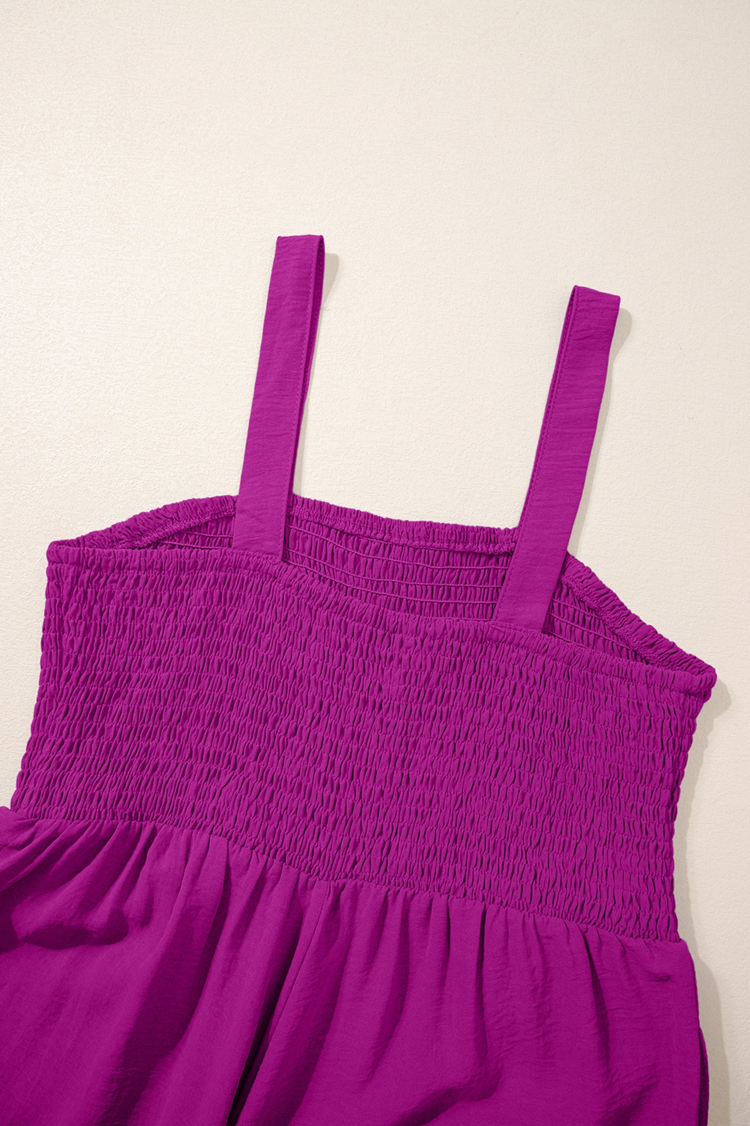 Smocked Square Neck Sleeveless Wide Leg Jumpsuit with Pockets – Purple
