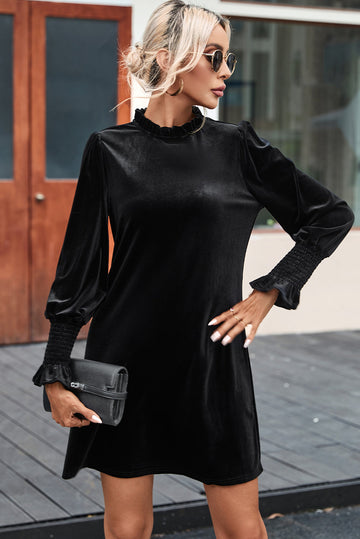 Black Velvet Frill Neck Long Sleeve Shift Dress - eAura