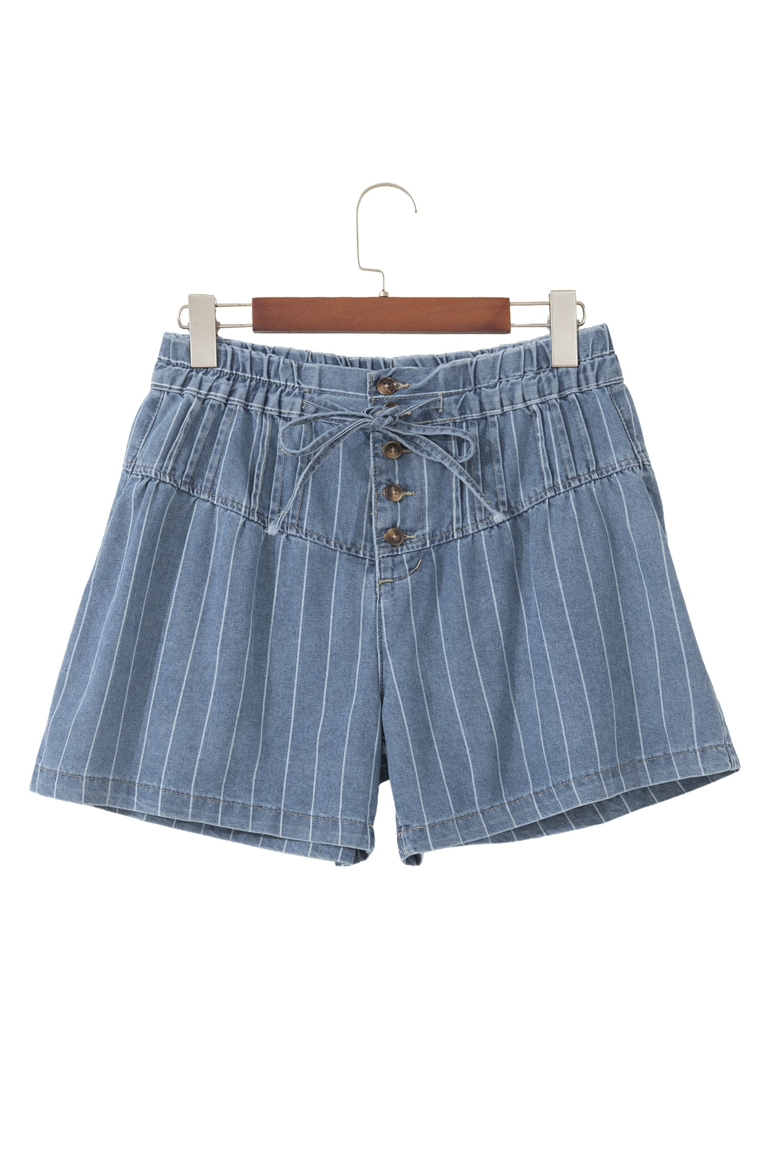Sky Blue Stripe Drawstring Pleated High Waist Denim Shorts