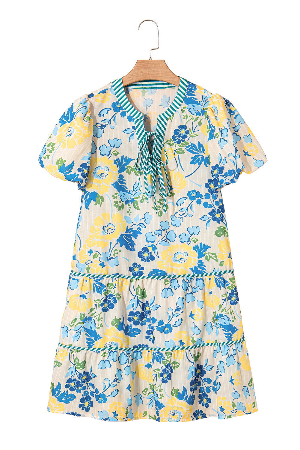 Blue Floral Striped Trim Puff Short Sleeve Dress eAura