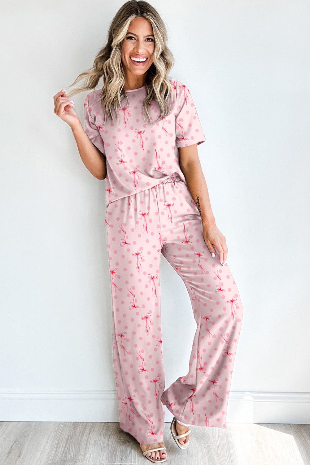 Pink Bow Knot Polka Dot Print Short Sleeve Top Lounge Set eAura
