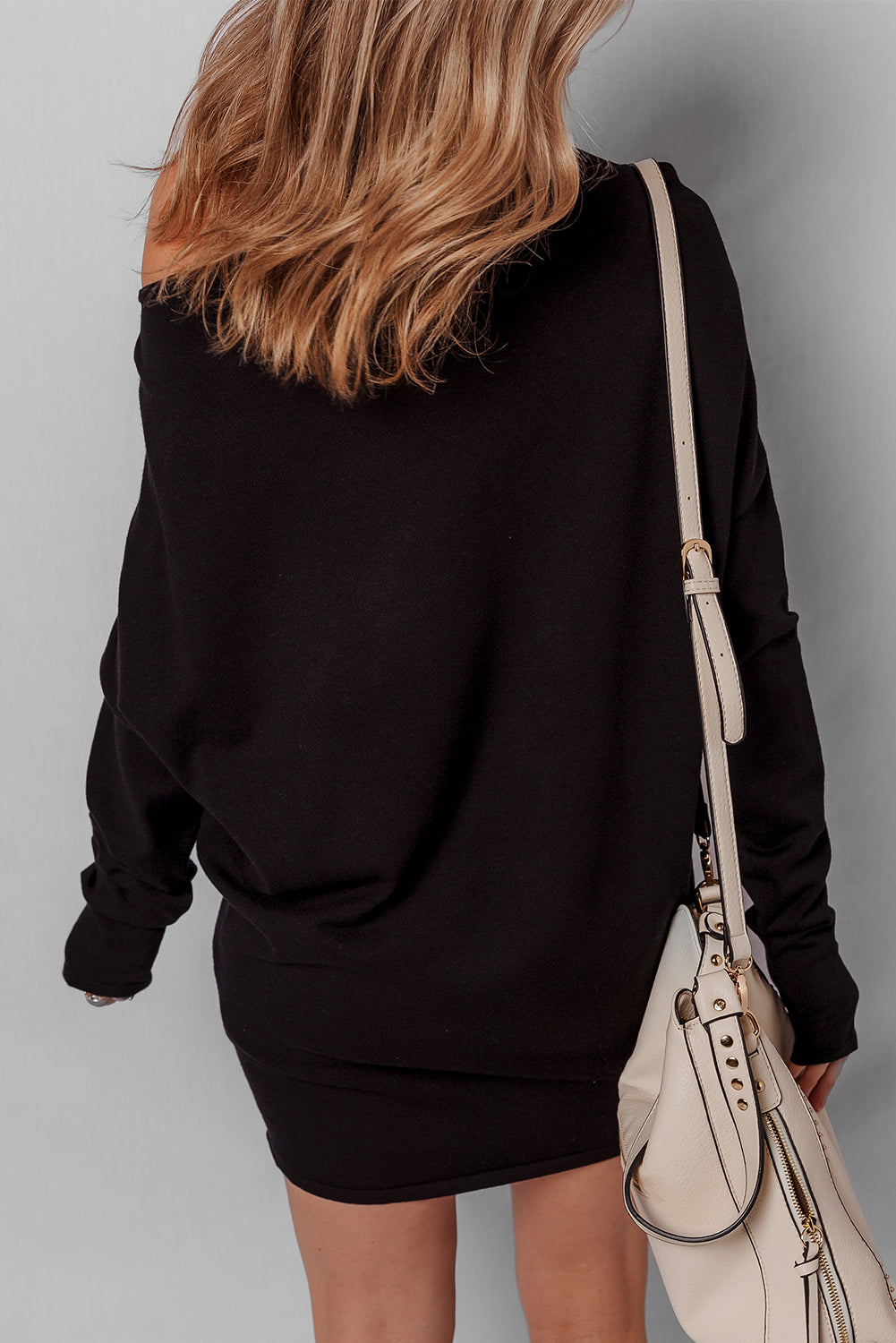 Black Asymmetric Neck Batwing Sleeve Shift Mini Sweater Dress Dear-Lover Dropshipping