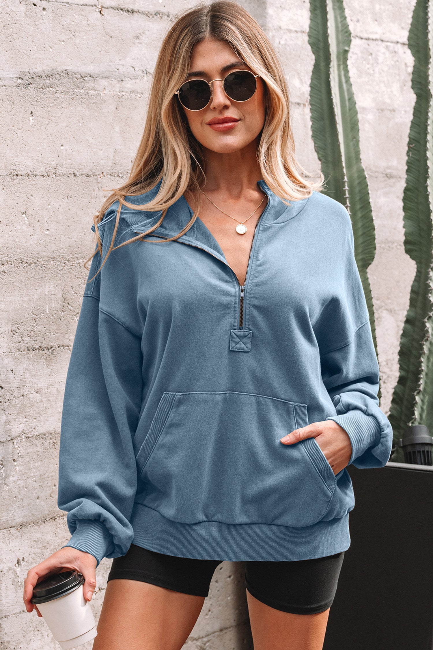 Half Zip Kangaroo Pocket Mineral Wash Baggy Hoodie - Tops/Sweatshirts & Hoodies