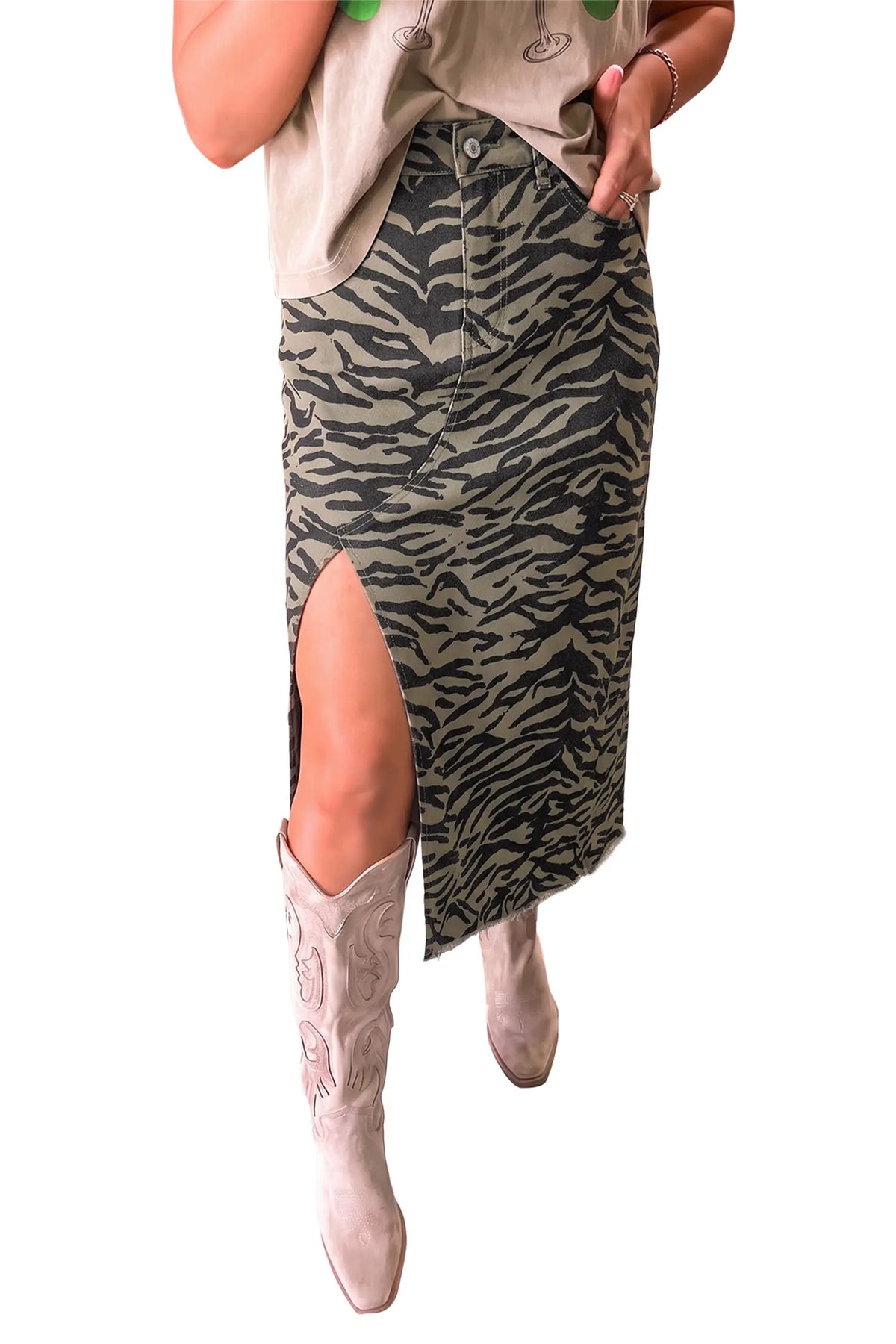 Leopard Print Side Split Frayed Hem Denim Midi Skirt
