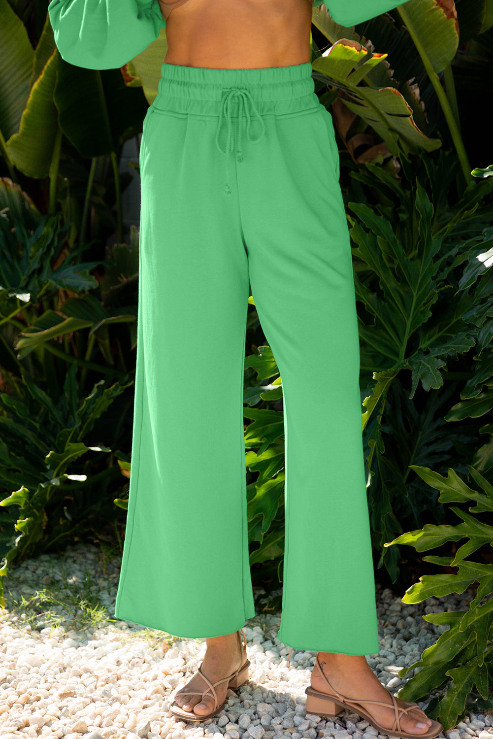 Drop Shoulder Puff Sleeve Crop Pullover and Drawstring Wide Leg Trousers Co-ord Set eAura