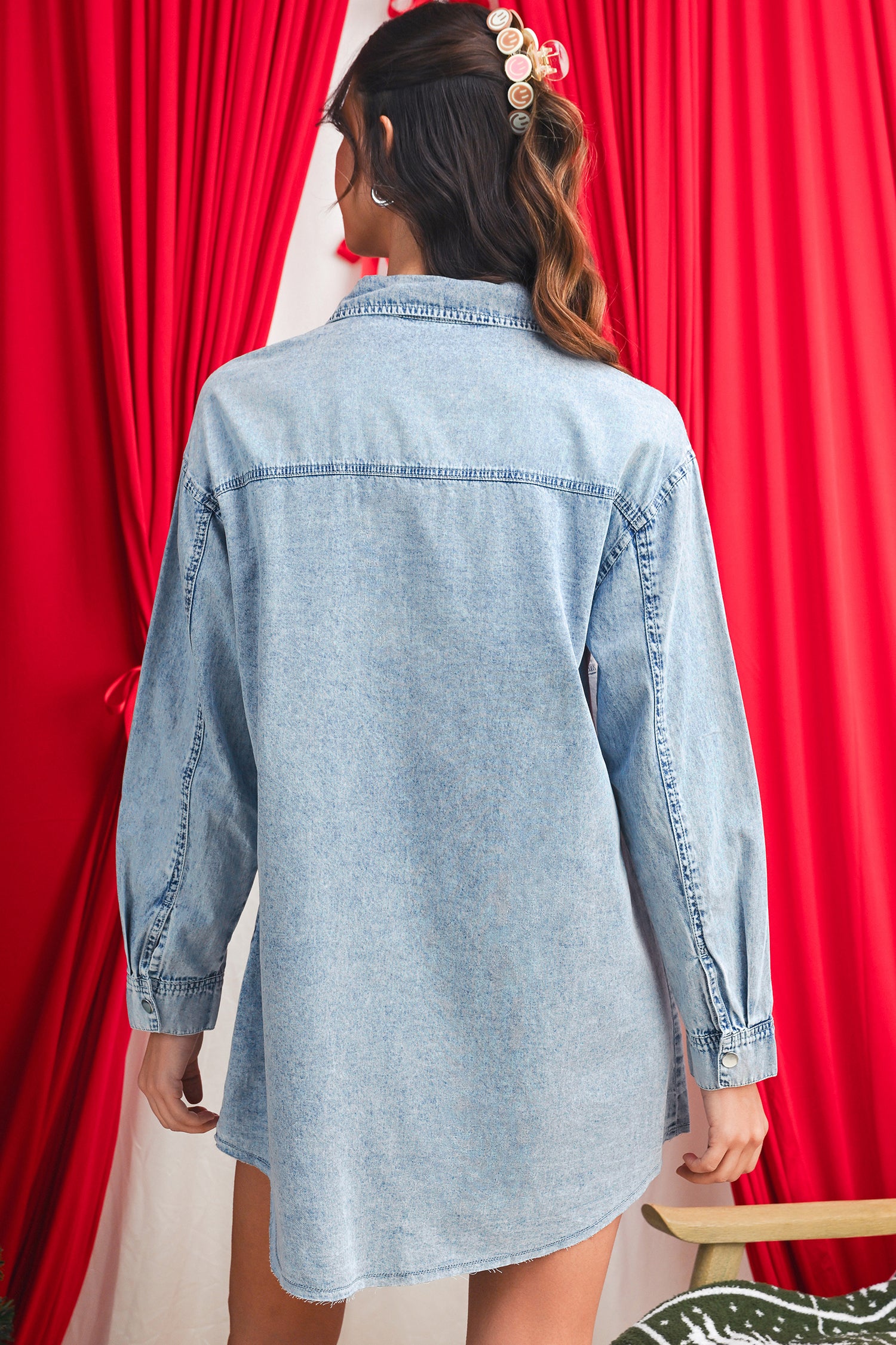 Chest Pocket Raw Hem Denim Loose Shirt Dress