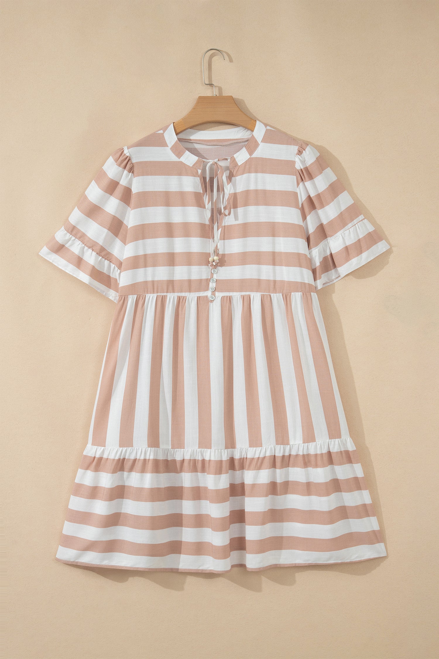 Khaki Stripe V Neck Ruffle Sleeve Flared Summer Dress
