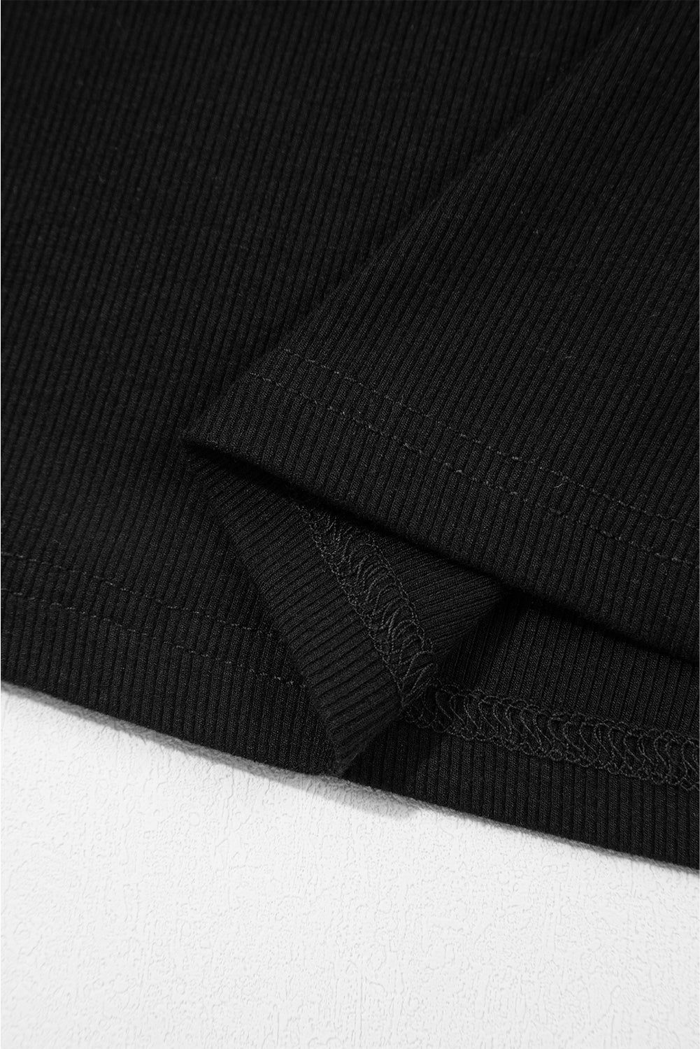 Black Ribbed Patchwork Puff Sleeve Half Button Placket Slim Fit Top eAura