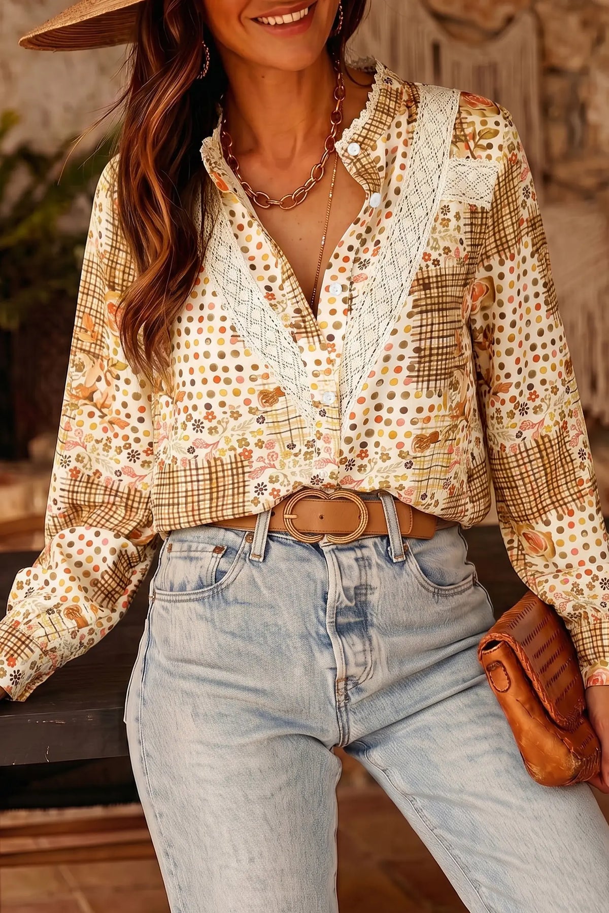 Floral Lace Trim Button Down Long Sleeve Shirt – Brown