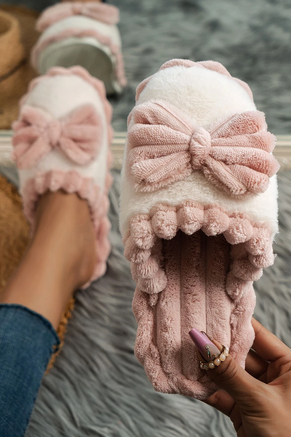 Bow Decor Rib Plush Slippers - eAura