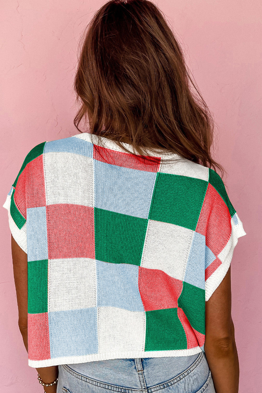 Dark Green Colour Block Cap Sleeve Sweater eAura